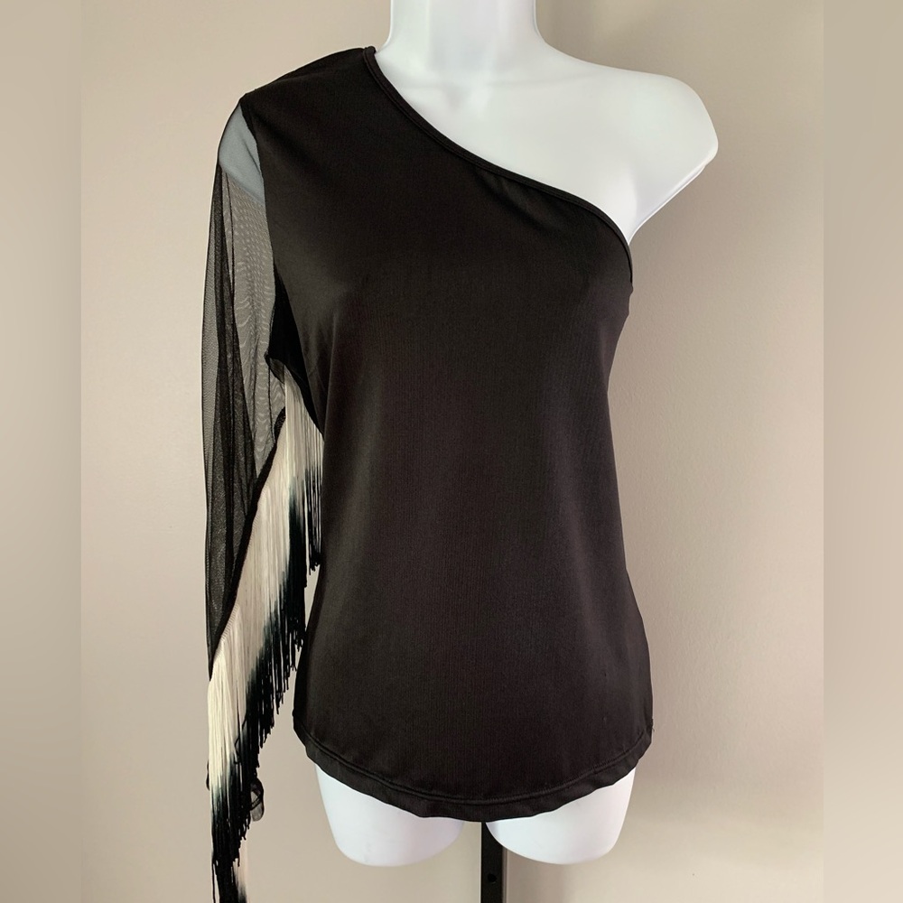 Sterling & Stitch Asymmetrical Top with Sheer Sleeve and Ombre Fringe